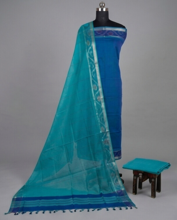 HANDLOOM COTTON NIZAM BORDER - Turquoise Blue