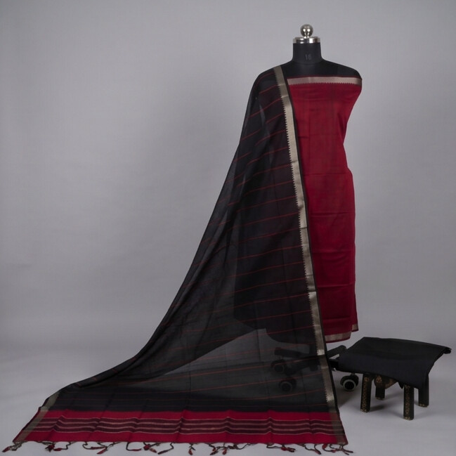 HANDLOOM COTTON NIZAM BORDER - Black & Maroon