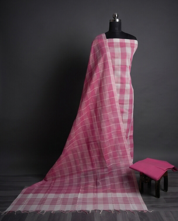 HANDLOOM COTTON CHUDI SETS - Half White with Pink