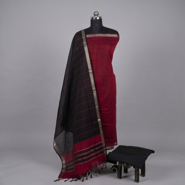 HANDLOOM COTTON NIZAM BORDER - Black & Maroon