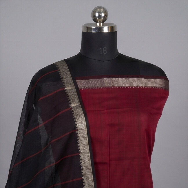 HANDLOOM COTTON NIZAM BORDER - Black & Maroon