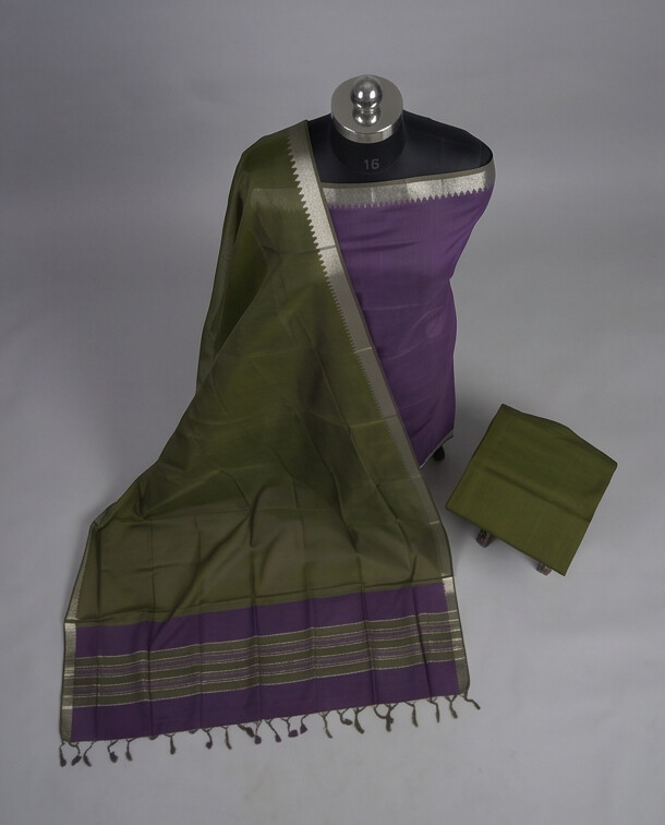 HANDLOOM COTTON NIZAM BORDER - Olive Green with Purple