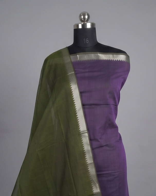 HANDLOOM COTTON NIZAM BORDER - Olive Green with Purple