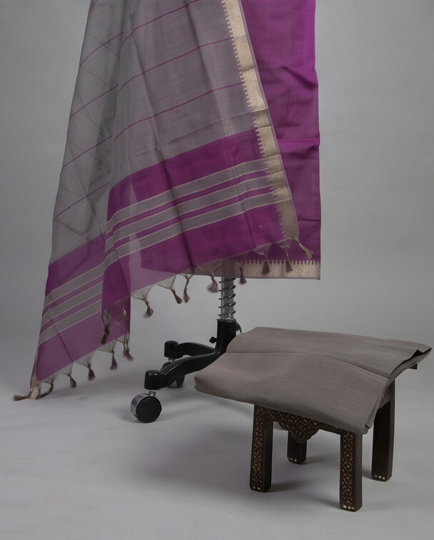 HANDLOOM COTTON NIZAM BORDER - Light Grey & Purple