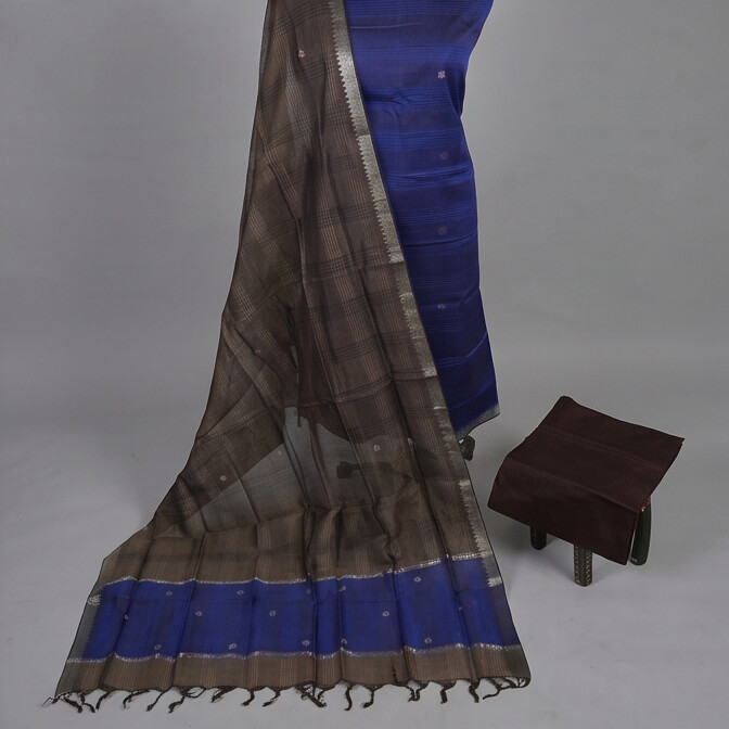Handloom Silk Zari Butta Dress Material - Royal blue & Brown