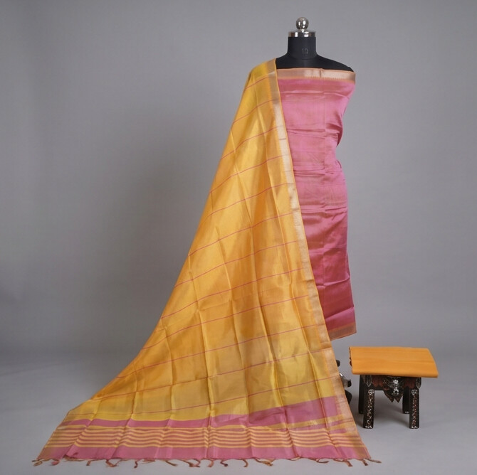 Handloom Silk Nizam Border Chudi Set - Pink Yellow