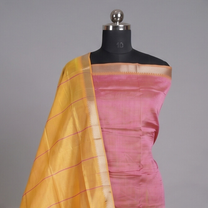 Handloom Silk Nizam Border Chudi Set - Pink Yellow