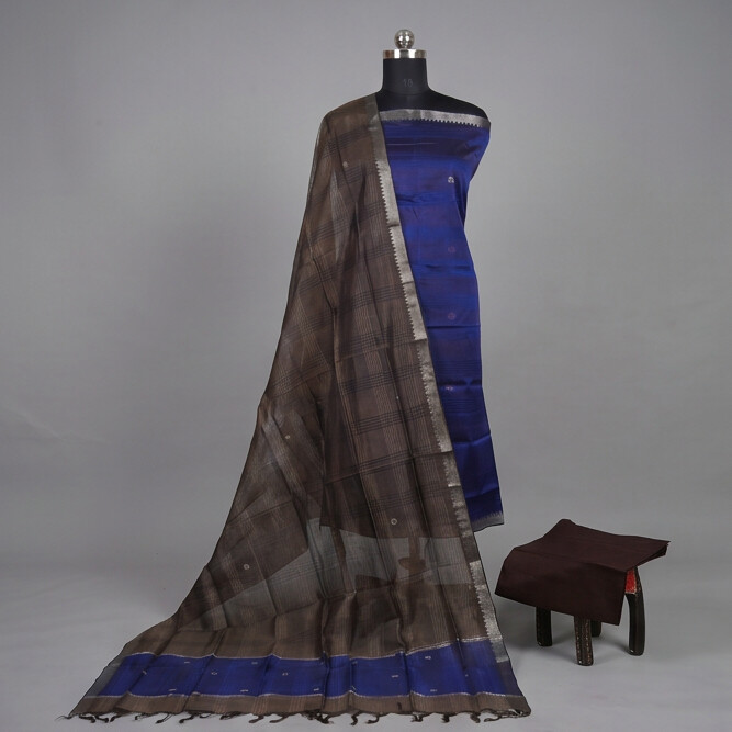 Handloom Silk Zari Butta Dress Material - Royal blue & Brown