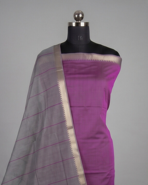 HANDLOOM COTTON NIZAM BORDER - Light Grey & Purple