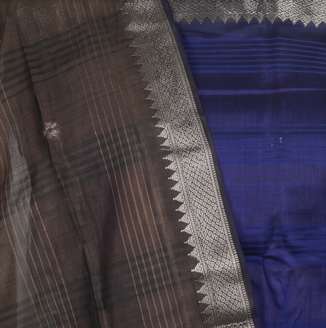 Handloom Silk Zari Butta Dress Material - Royal blue & Brown