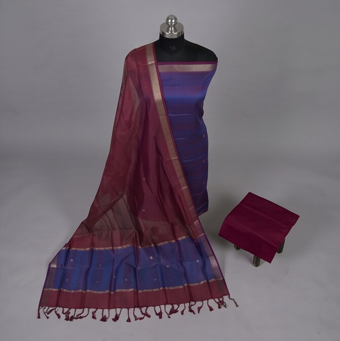 Handloom Silk Zari Butta Dress Material - Royal blue & Maroon