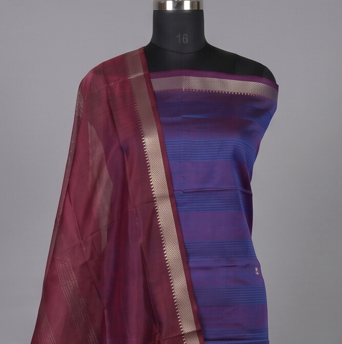 Handloom Silk Zari Butta Dress Material - Royal blue & Maroon