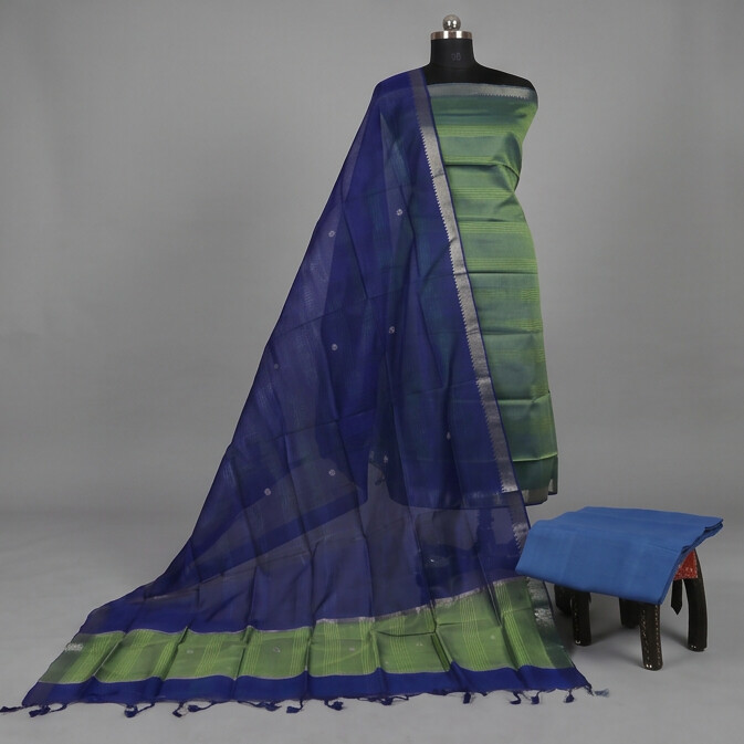 Handloom Silk Zari Butta Dress Material - Light green & Blue