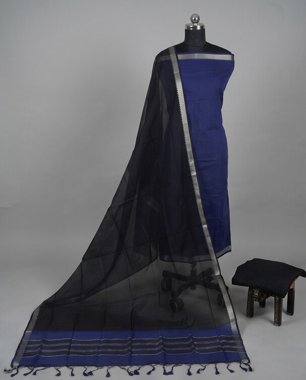 HANDLOOM COTTON NIZAM BORDER - Balck & Navy