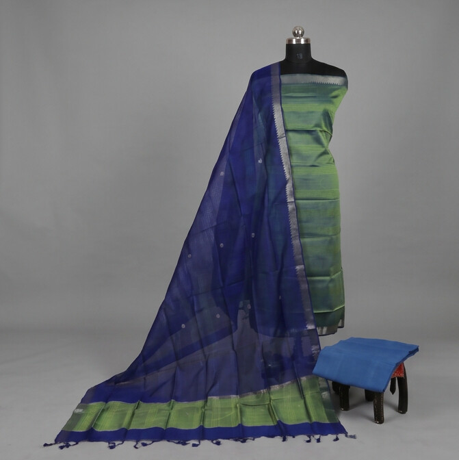 Handloom Silk Zari Butta Dress Material - Light green & Blue