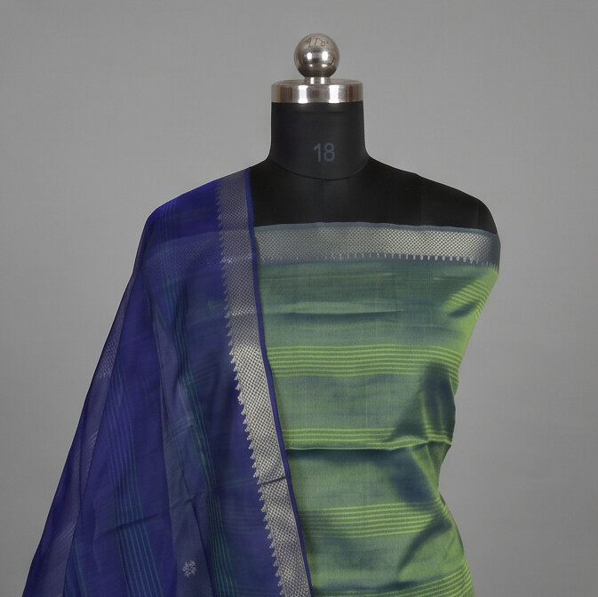 Handloom Silk Zari Butta Dress Material - Light green & Blue