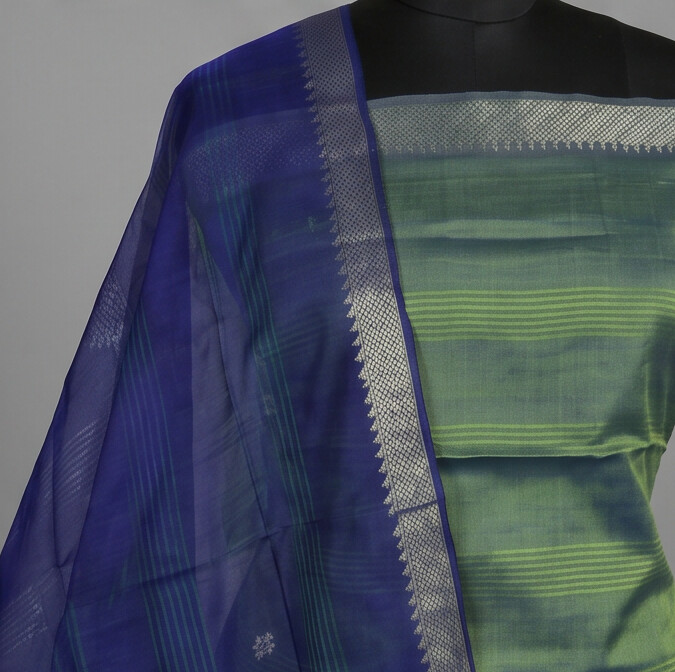 Handloom Silk Zari Butta Dress Material - Light green & Blue