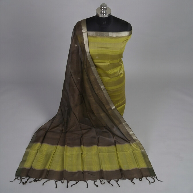 Handloom Silk Zari Butta Dress Material - Olive green & Brown