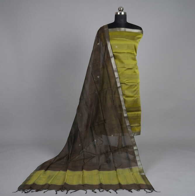 Handloom Silk Zari Butta Dress Material - Olive green & Brown