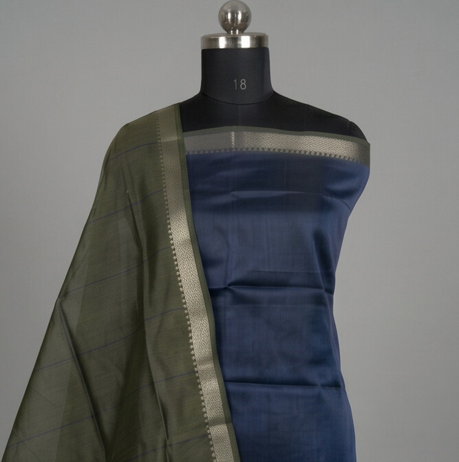 Handloom Silk Nizam Border Chudi Set - Navy Blue & Green