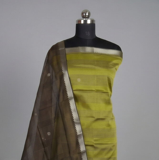 Handloom Silk Zari Butta Dress Material - Olive green & Brown