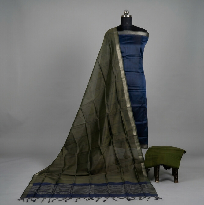 Handloom Silk Nizam Border Chudi Set - Navy Blue & Green