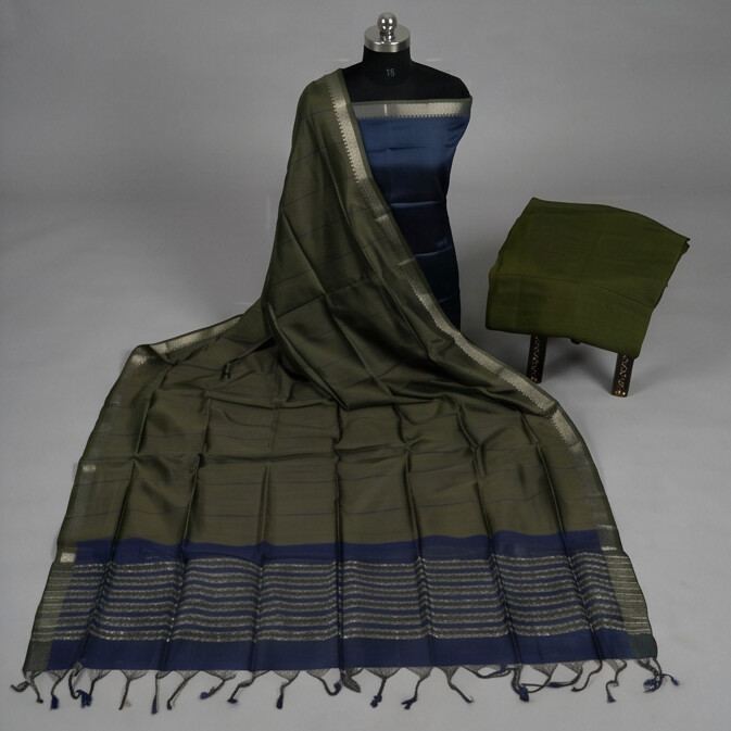 Handloom Silk Nizam Border Chudi Set - Navy Blue & Green