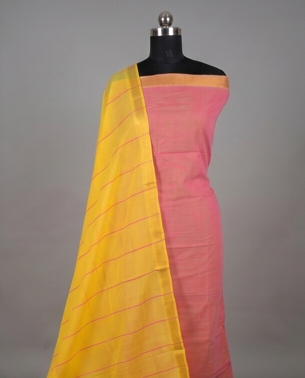 HANDLOOM COTTON NIZAM BORDER - Yellow & Dark Pink