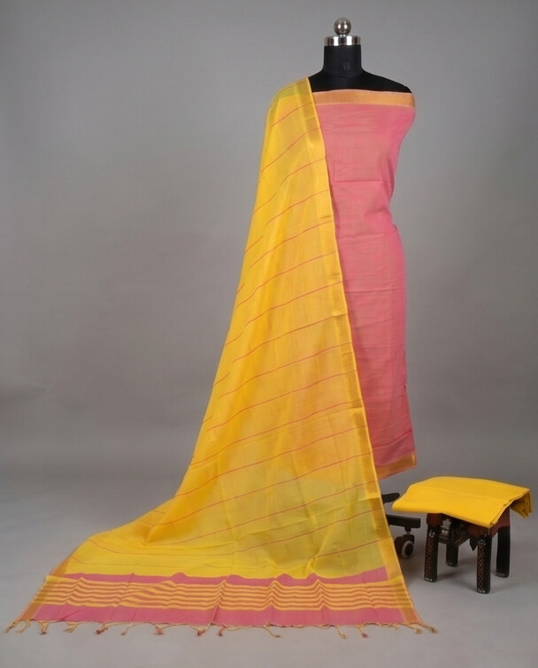 HANDLOOM COTTON NIZAM BORDER - Yellow & Dark Pink