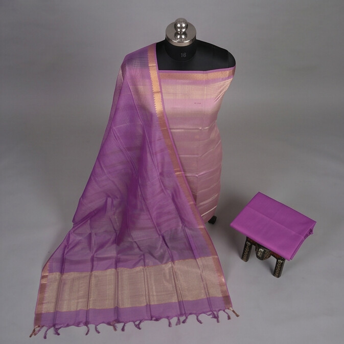 Handloom Silk Zari Butta Dress Material - Light pink & purple