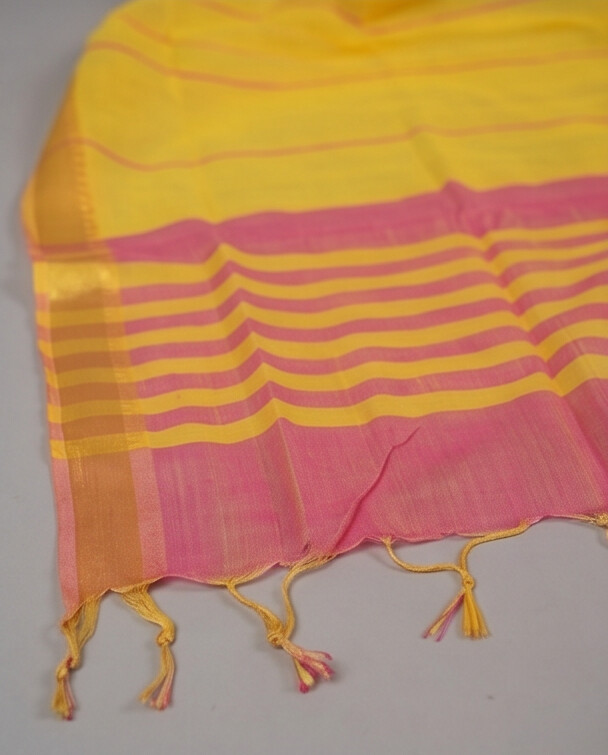 HANDLOOM COTTON NIZAM BORDER - Yellow & Dark Pink