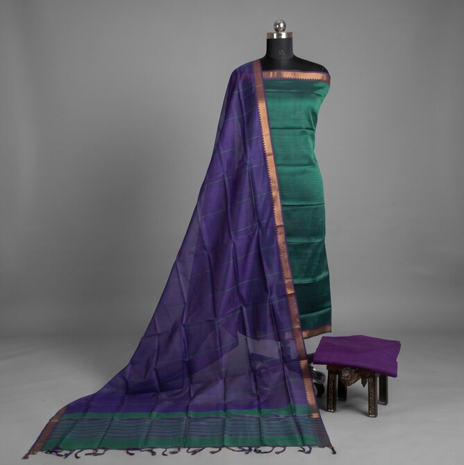 Handloom Silk Nizam Border Chudi Set - Green Purple