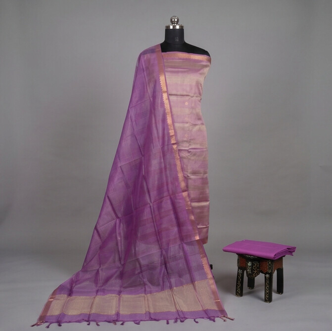 Handloom Silk Zari Butta Dress Material - Light pink & purple