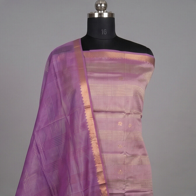 Handloom Silk Zari Butta Dress Material - Light pink & purple