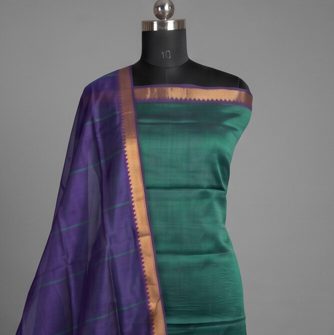 Handloom Silk Nizam Border Chudi Set - Green Purple