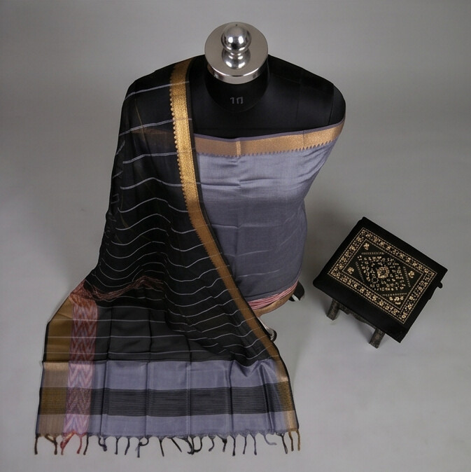 Handloom Silk Pochampally Border - Steel Grey