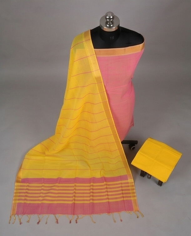 HANDLOOM COTTON NIZAM BORDER - Yellow & Dark Pink