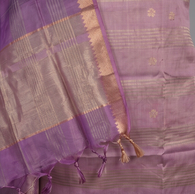 Handloom Silk Zari Butta Dress Material - Light pink & purple