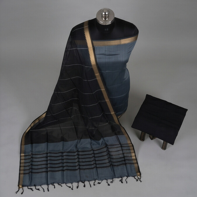 Handloom Silk Nizam Border Chudi Set - Grey Black