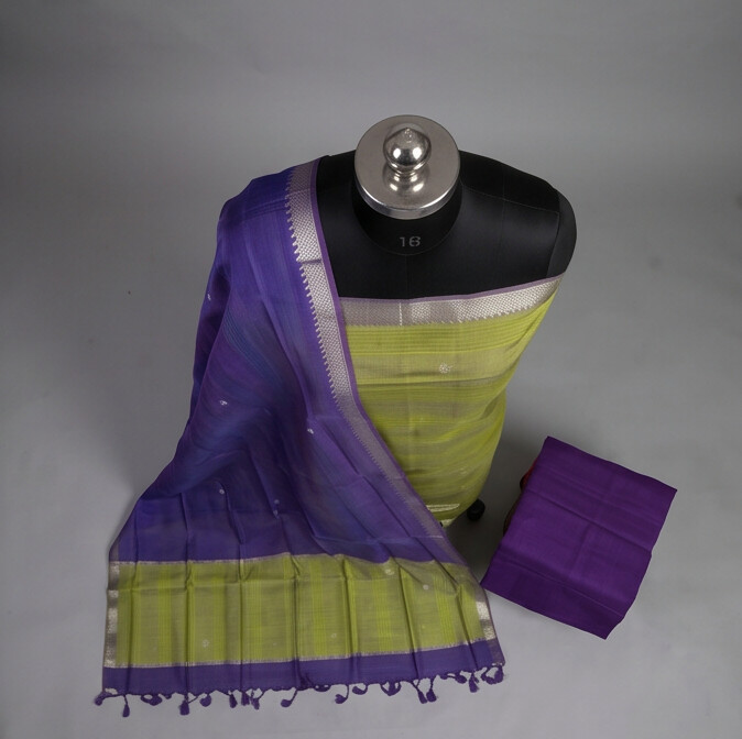 Handloom Silk Zari Butta Dress Material - Lime Green & Purple