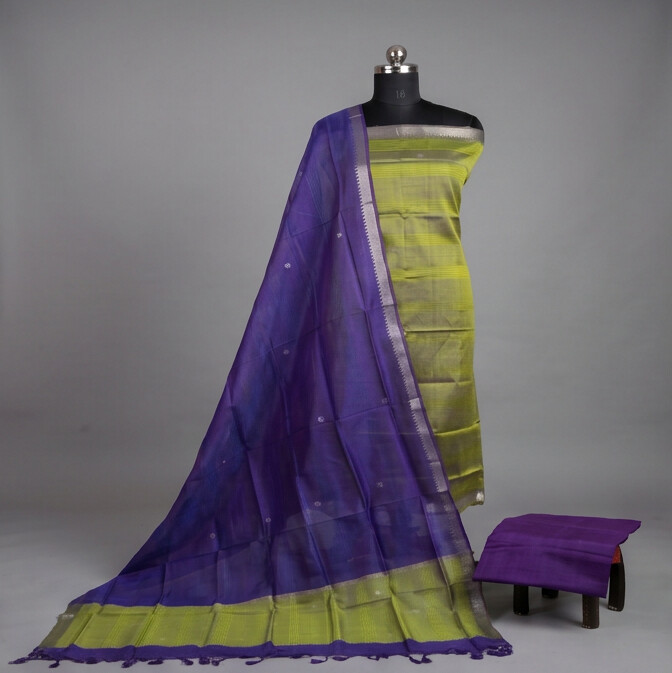 Handloom Silk Zari Butta Dress Material - Lime Green & Purple