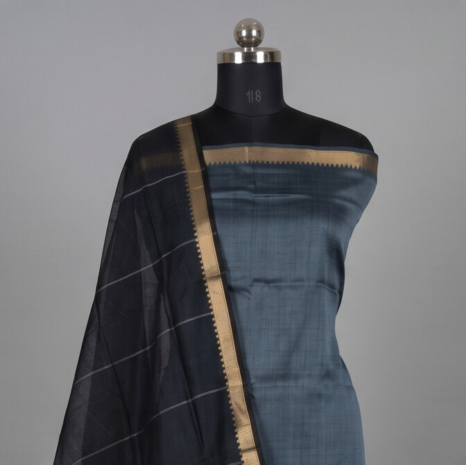 Handloom Silk Nizam Border Chudi Set - Grey Black