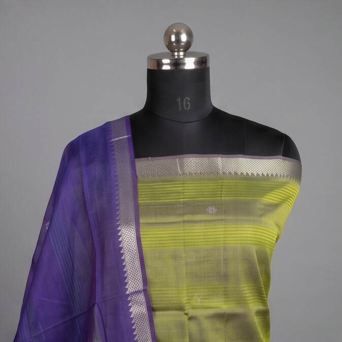 Handloom Silk Zari Butta Dress Material - Lime Green & Purple