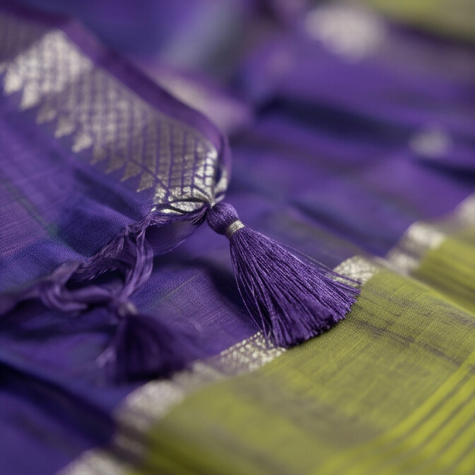 Handloom Silk Zari Butta Dress Material - Lime Green & Purple