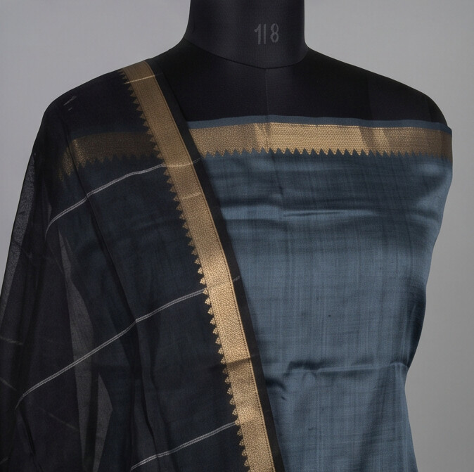 Handloom Silk Nizam Border Chudi Set - Grey Black