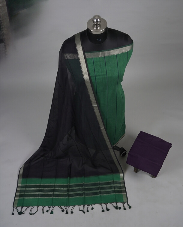 HANDLOOM COTTON NIZAM BORDER - Black & Bottle Green