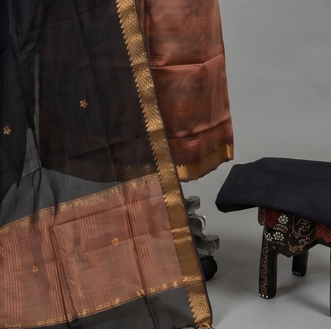 Handloom Silk Zari Butta Dress Material - Rust & Black