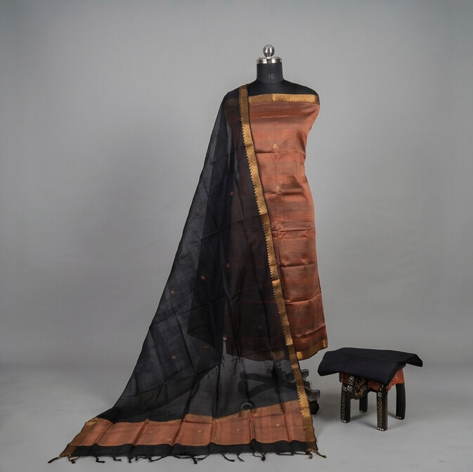 Handloom Silk Zari Butta Dress Material - Rust & Black