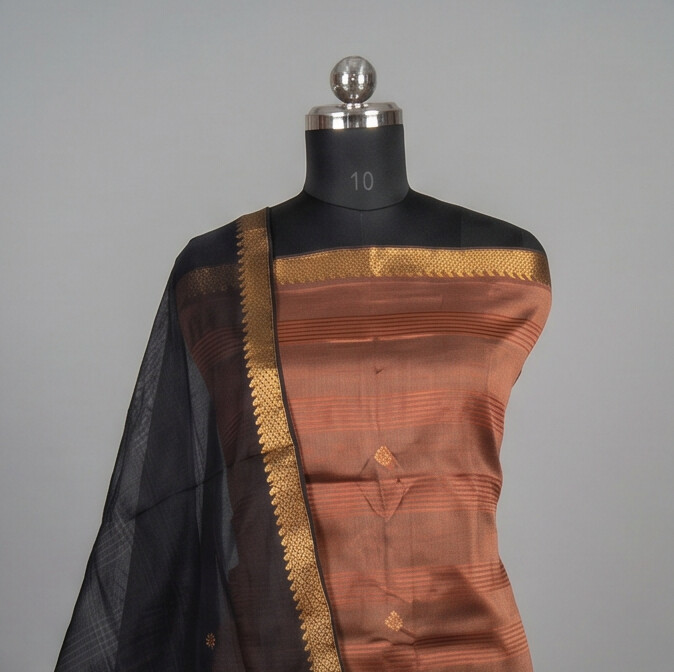 Handloom Silk Zari Butta Dress Material - Rust & Black