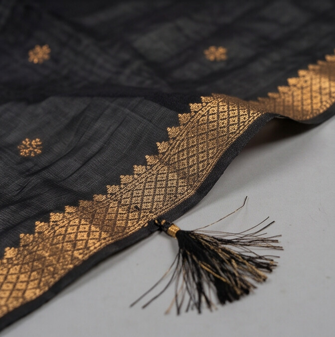 Handloom Silk Zari Butta Dress Material - Rust & Black